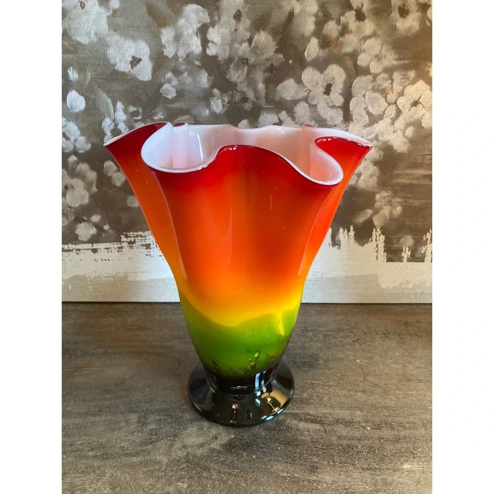 Art Glass Ruffled Handkerchief Vase‎ Rainbow Red Orange Yellow Green 12 Inch MCM